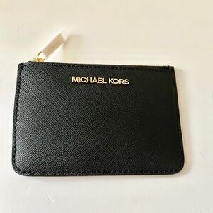 NEW Michael Kors Jet Set Black Saffiano Travel Zipper Leather Coin Pouch Wallet